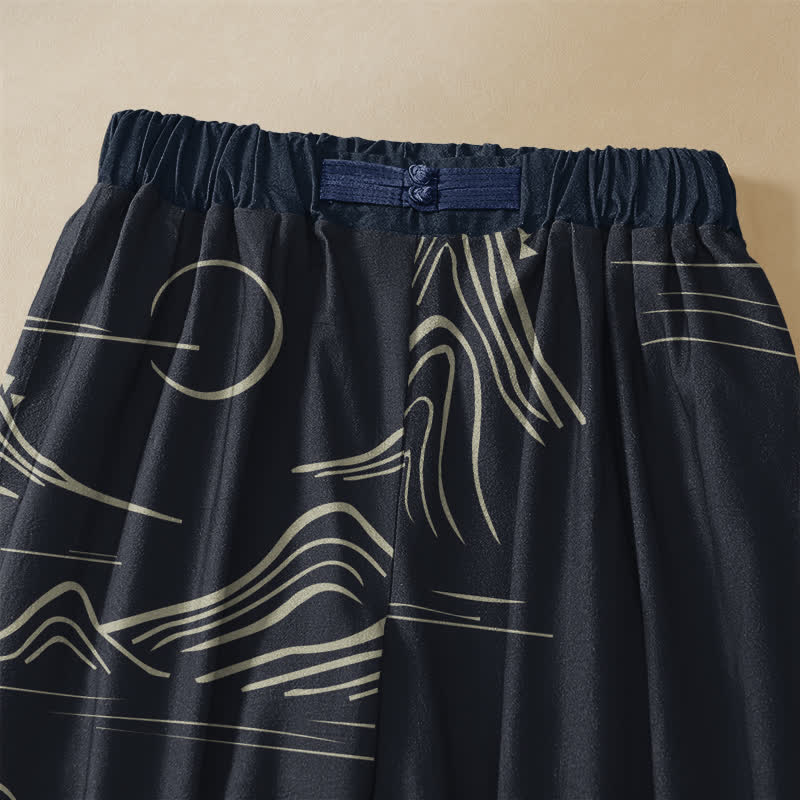 Buddha Stones Pure Cotton Vintage Mountain Cloud Pattern Frog Button Women's Elastic Waist Harem Pants With Pockets - image 2