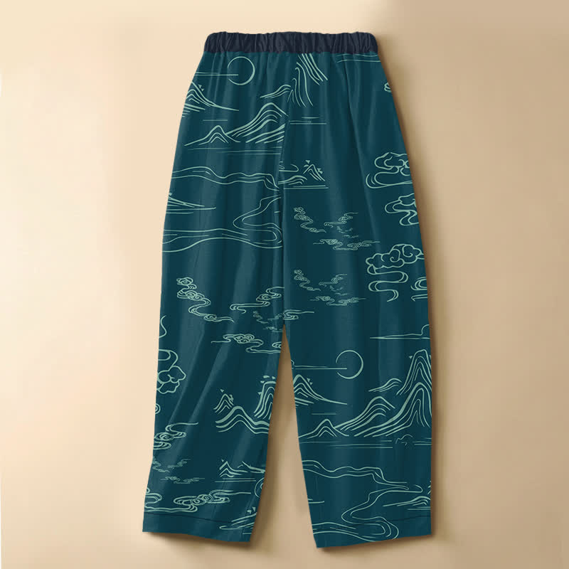 Buddha Stones Pure Cotton Vintage Mountain Cloud Pattern Frog Button Women's Elastic Waist Harem Pants With Pockets - image 8