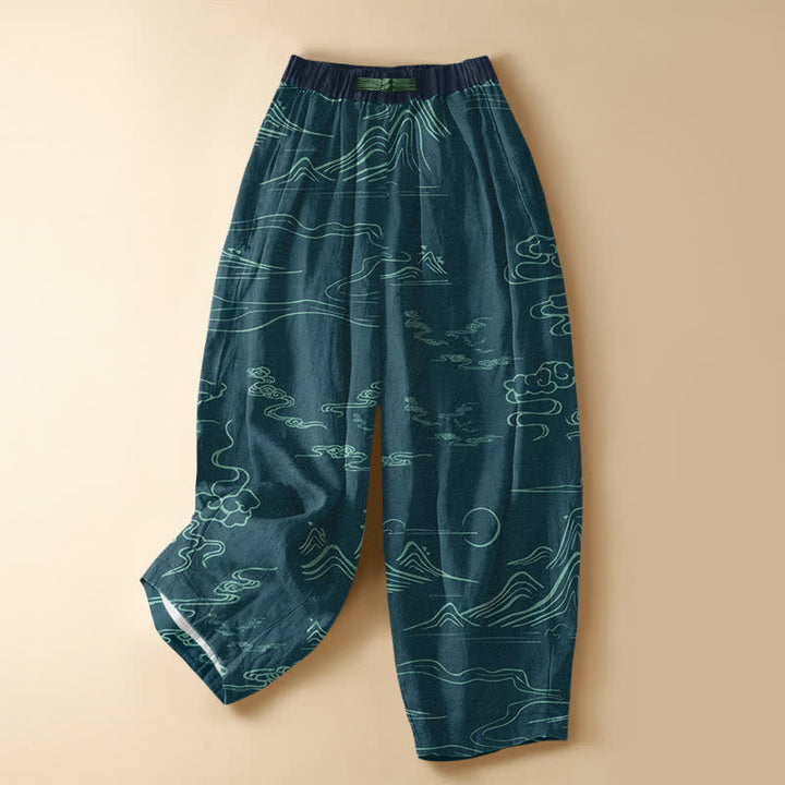 Buddha Stones Pure Cotton Vintage Mountain Cloud Pattern Frog Button Women's Elastic Waist Harem Pants With Pockets - Teal - US16，UK/AU20，EU48 (3XL) - image 7