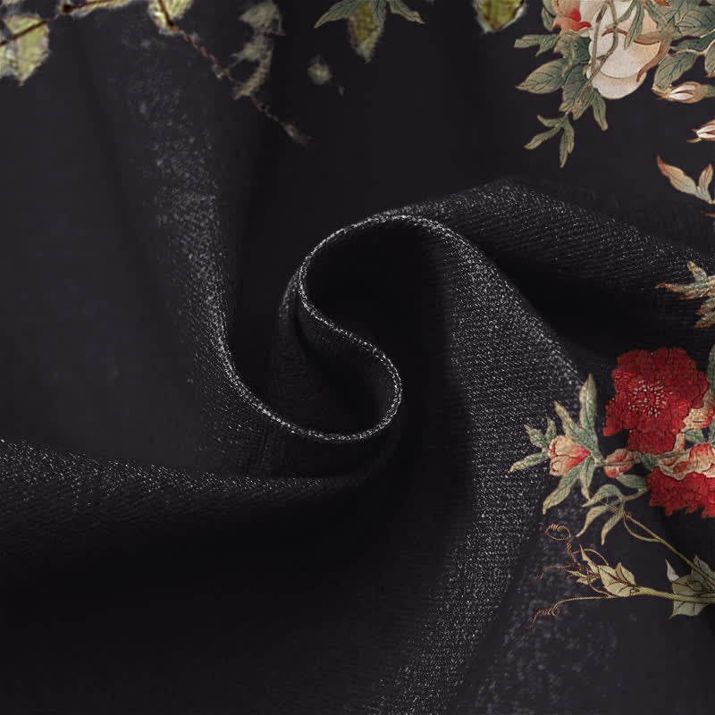 Buddha Stones Pure Cotton Vintage Peony Floral Vine Pattern Frog Button Women's Elastic Waist Harem Pants With Pockets - image 4