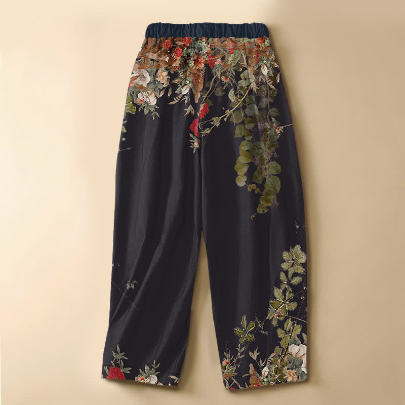 Buddha Stones Pure Cotton Vintage Peony Floral Vine Pattern Frog Button Women's Elastic Waist Harem Pants With Pockets - image 1