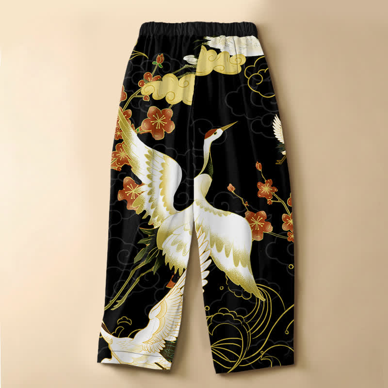 Buddha Stones Pure Cotton Oriental Crane Blossom Flowers Auspicious Clouds Pattern Frog Button Women's Elastic Waist Harem Pants With Pockets - image 1