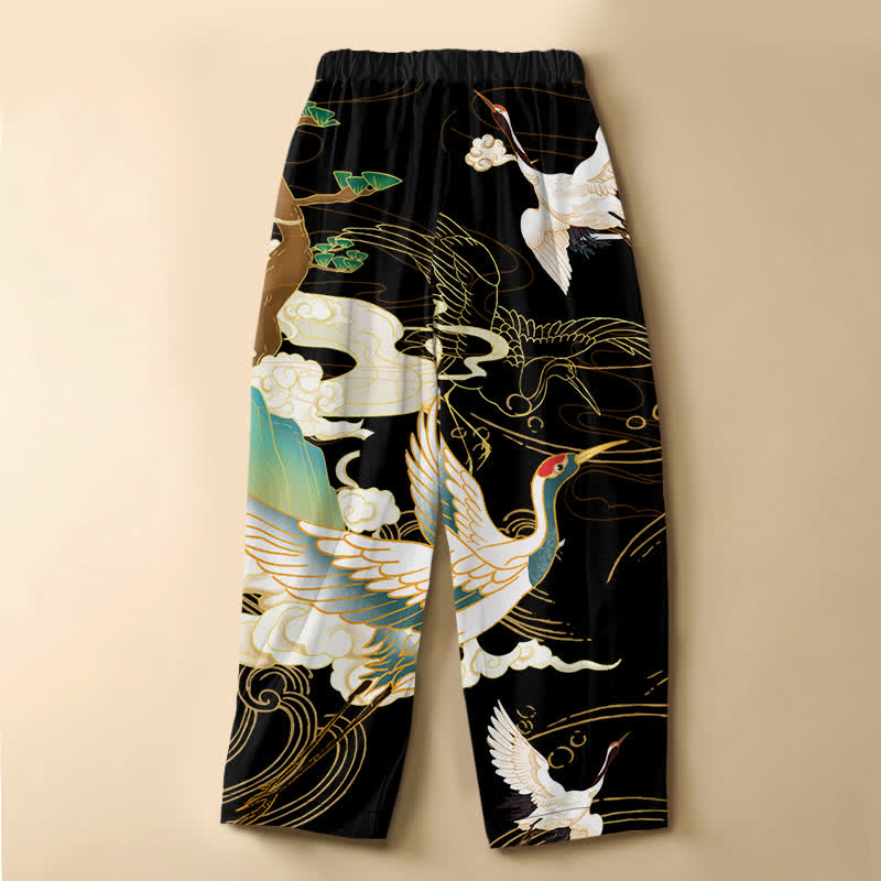 Buddha Stones Pure Cotton Oriental Flying Crane Cloud Pattern Frog Button Women's Elastic Waist Harem Pants With Pockets - image 1