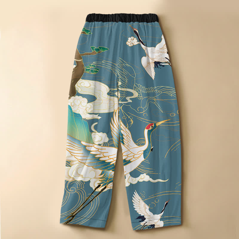 Buddha Stones Pure Cotton Oriental Flying Crane Cloud Pattern Frog Button Women's Elastic Waist Harem Pants With Pockets - image 6