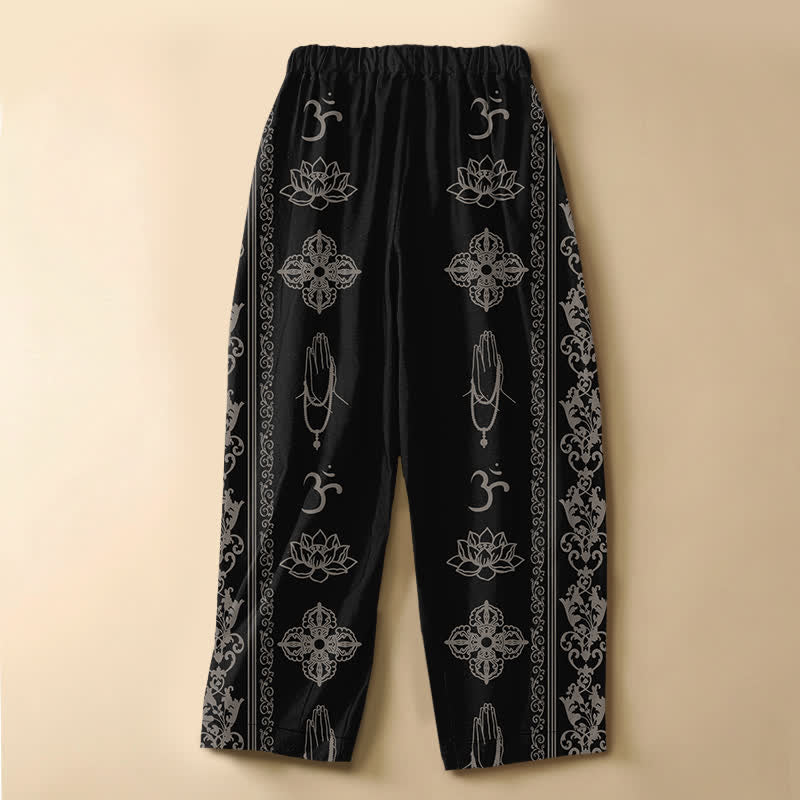 Buddha Stones Pure Cotton Lotus Flowers Double Dorje Vajra Namaste OM Pattern Frog Button Women's Elastic Waist Harem Pants With Pockets - image 1