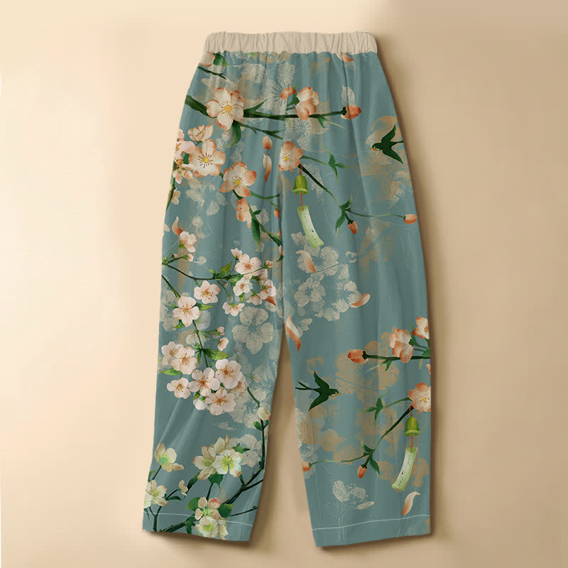 Buddha Stones Pure Cotton Sakura Swallow Pattern Frog Button Women's Elastic Waist Harem Pants With Pockets - image 1