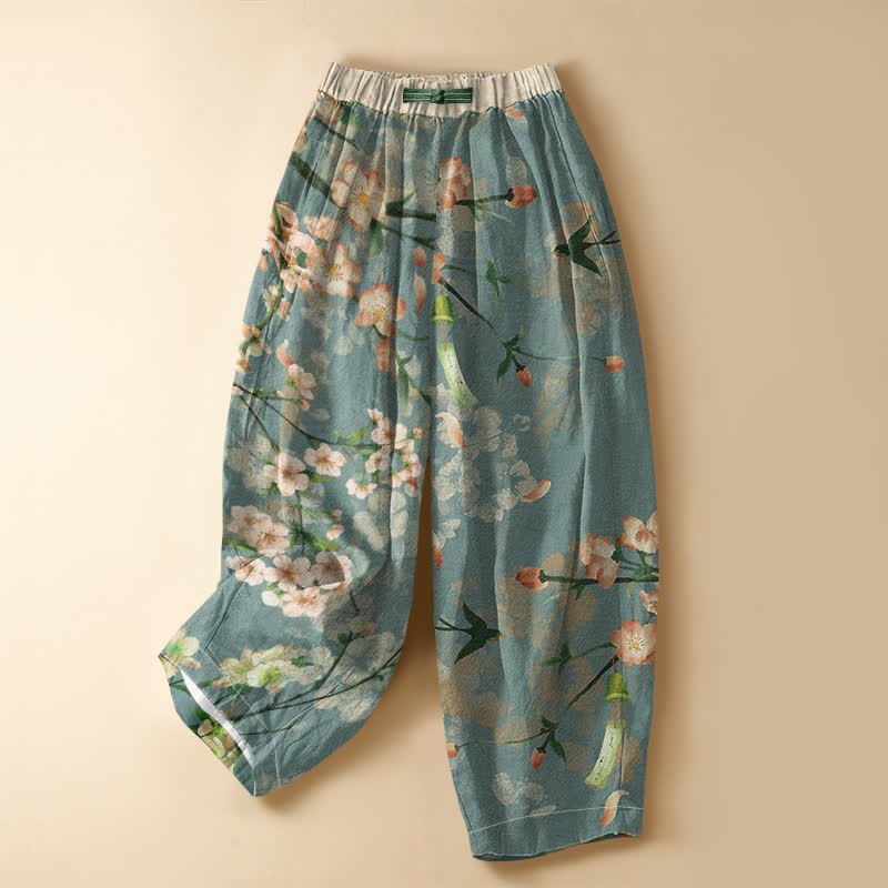 Buddha Stones Pure Cotton Sakura Swallow Pattern Frog Button Women's Elastic Waist Harem Pants With Pockets - CadetBlue - US16，UK/AU20，EU48 (3XL) - image 0