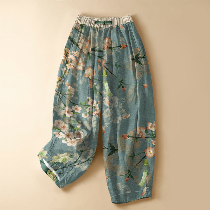 Buddha Stones Pure Cotton Sakura Swallow Pattern Frog Button Women's Elastic Waist Harem Pants With Pockets - CadetBlue - US16，UK/AU20，EU48 (3XL) - image 0