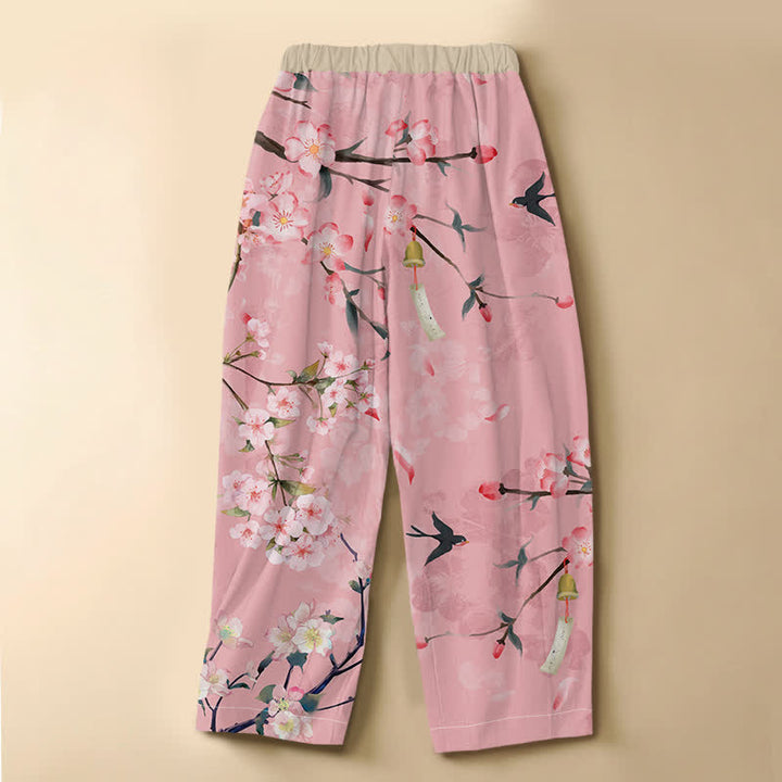 Buddha Stones Pure Cotton Sakura Swallow Pattern Frog Button Women's Elastic Waist Harem Pants With Pockets - image 6
