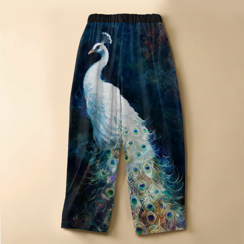 Buddha Stones Pure Cotton White Peacock Pattern Frog Button Women's Elastic Waist Harem Pants With Pockets - image 1