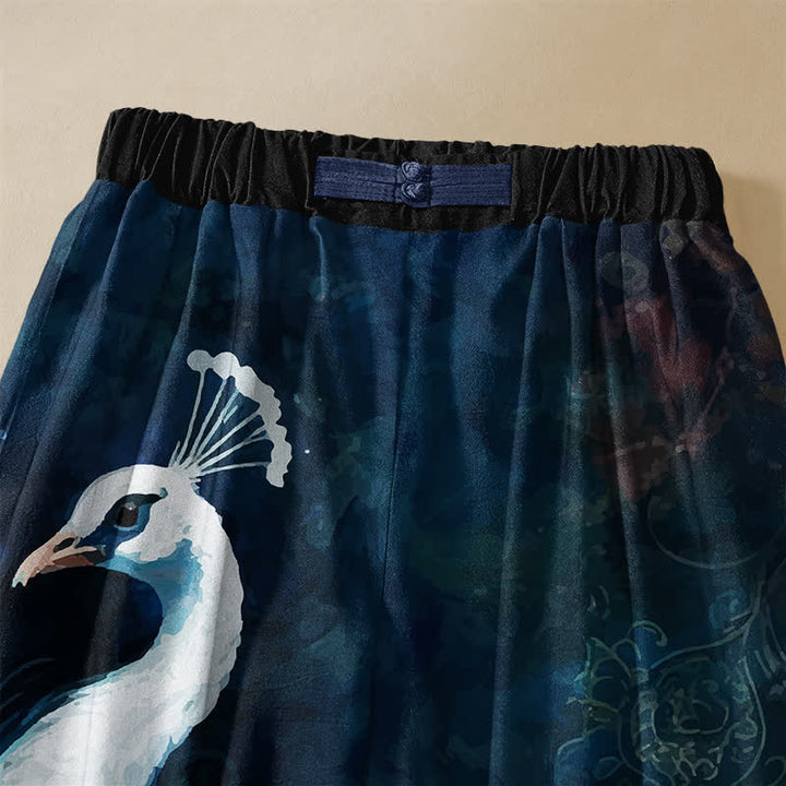 Buddha Stones Pure Cotton White Peacock Pattern Frog Button Women's Elastic Waist Harem Pants With Pockets - image 2