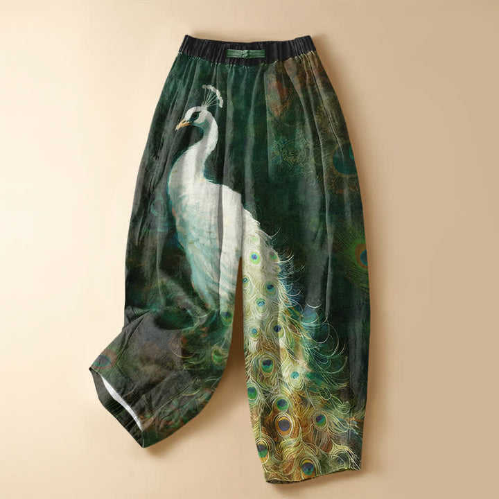 Buddha Stones Pure Cotton White Peacock Pattern Frog Button Women's Elastic Waist Harem Pants With Pockets - DarkGreen - US16，UK/AU20，EU48 (3XL) - image 5