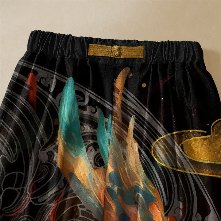 Buddha Stones Pure Cotton Royal Phoenix Feather Pattern Frog Button Women's Elastic Waist Harem Pants With Pockets - image 2