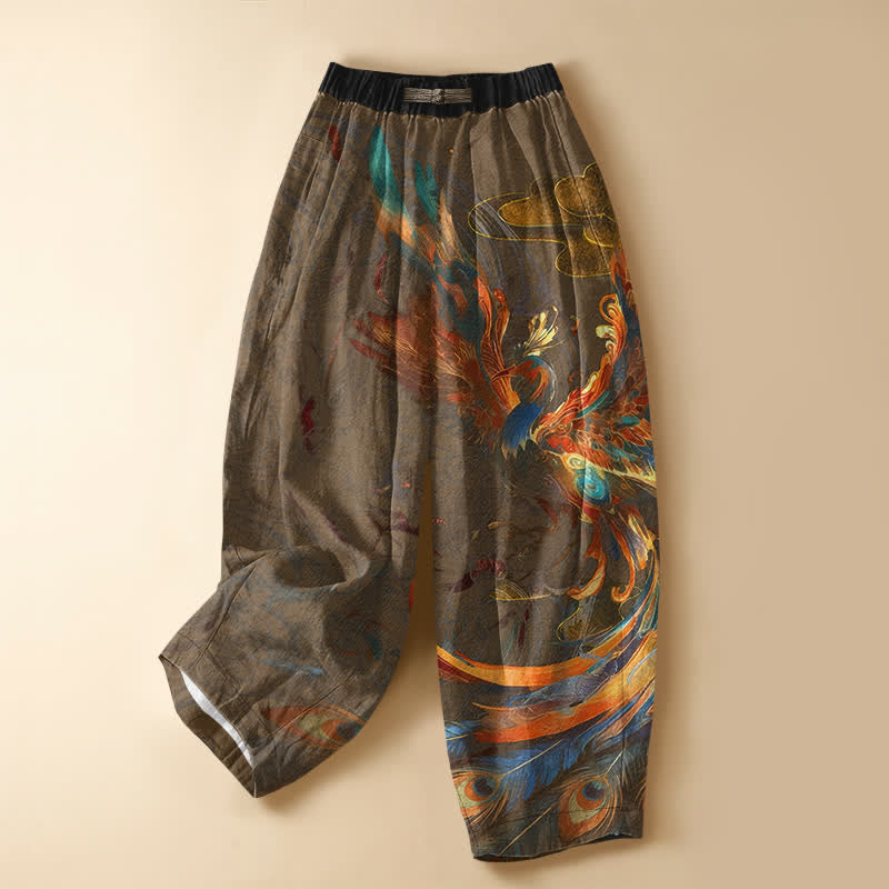 Buddha Stones Pure Cotton Royal Phoenix Feather Pattern Frog Button Women's Elastic Waist Harem Pants With Pockets - SaddleBrown - US16，UK/AU20，EU48 (3XL) - image 5