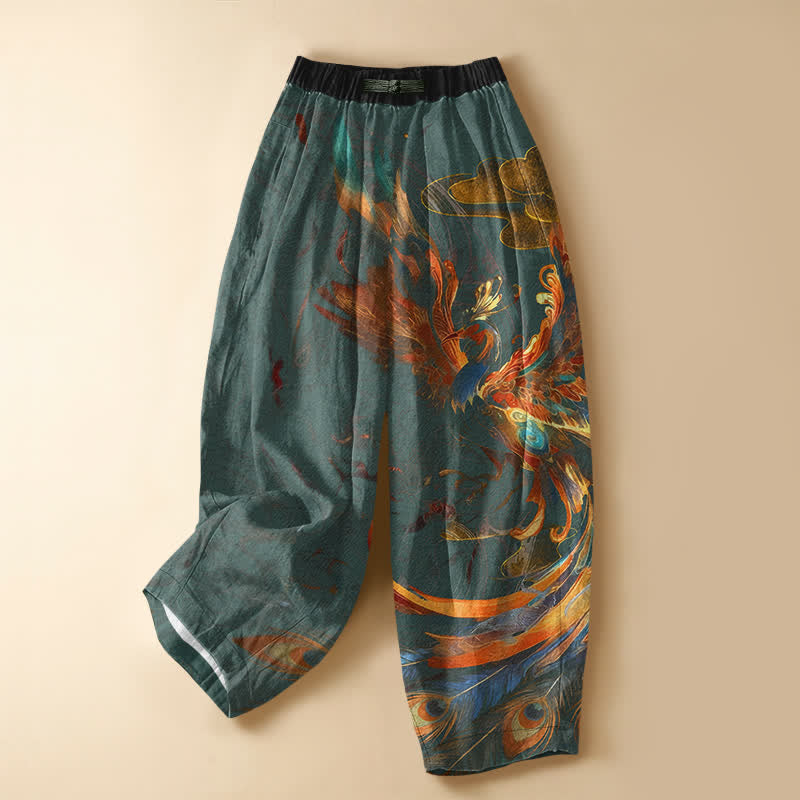 Buddha Stones Pure Cotton Royal Phoenix Feather Pattern Frog Button Women's Elastic Waist Harem Pants With Pockets - Teal - US16，UK/AU20，EU48 (3XL) - image 7
