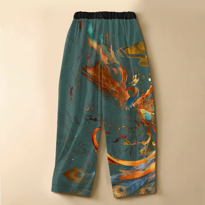 Buddha Stones Pure Cotton Royal Phoenix Feather Pattern Frog Button Women's Elastic Waist Harem Pants With Pockets - image 8