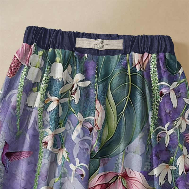 Buddha Stones Pure Cotton Watercolor Floral Hummingbird Pattern Frog Button Women's Elastic Waist Harem Pants With Pockets - image 2