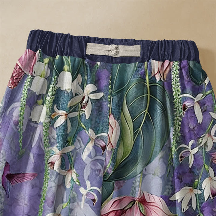 Buddha Stones Pure Cotton Watercolor Floral Hummingbird Pattern Frog Button Women's Elastic Waist Harem Pants With Pockets - image 2