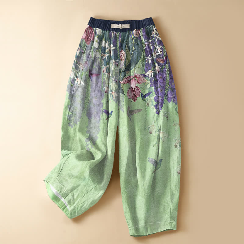 Buddha Stones Pure Cotton Watercolor Floral Hummingbird Pattern Frog Button Women's Elastic Waist Harem Pants With Pockets - PaleGreen - US16，UK/AU20，EU48 (3XL) - image 5