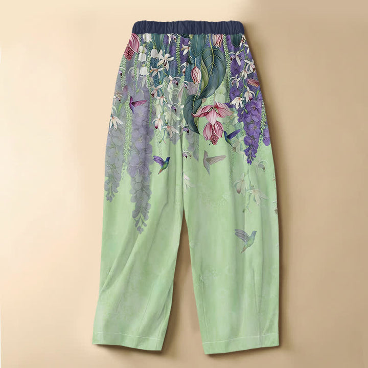 Buddha Stones Pure Cotton Watercolor Floral Hummingbird Pattern Frog Button Women's Elastic Waist Harem Pants With Pockets - image 6