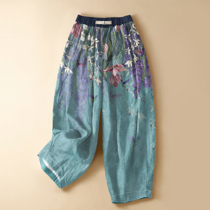 Buddha Stones Pure Cotton Watercolor Floral Hummingbird Pattern Frog Button Women's Elastic Waist Harem Pants With Pockets - MediumTurquoise - US16，UK/AU20，EU48 (3XL) - image 7