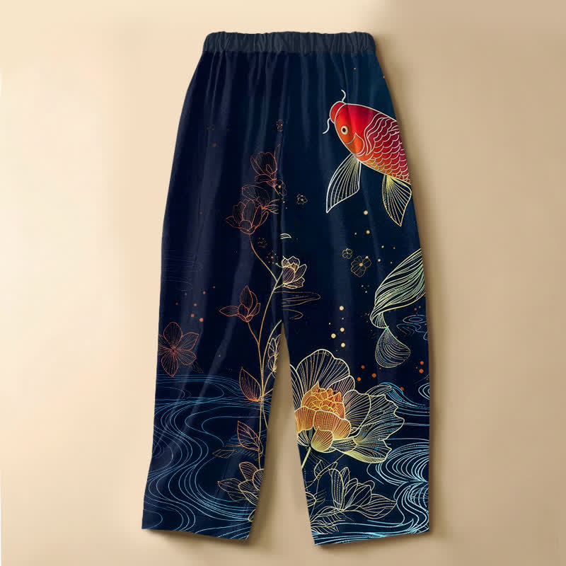 Buddha Stones Pure Cotton Vintage Red Koi Fish Lotus Pattern Frog Button Women's Elastic Waist Harem Pants With Pockets - image 1