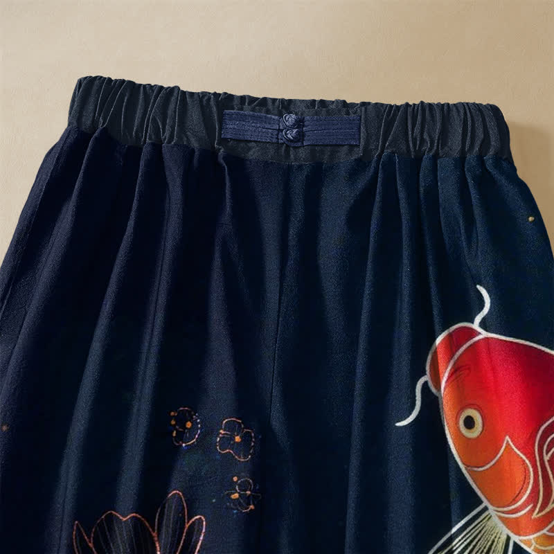 Buddha Stones Pure Cotton Vintage Red Koi Fish Lotus Pattern Frog Button Women's Elastic Waist Harem Pants With Pockets - image 2