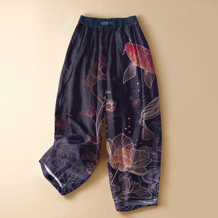 Buddha Stones Pure Cotton Vintage Red Koi Fish Lotus Pattern Frog Button Women's Elastic Waist Harem Pants With Pockets - Indigo - US16，UK/AU20，EU48 (3XL) - image 5