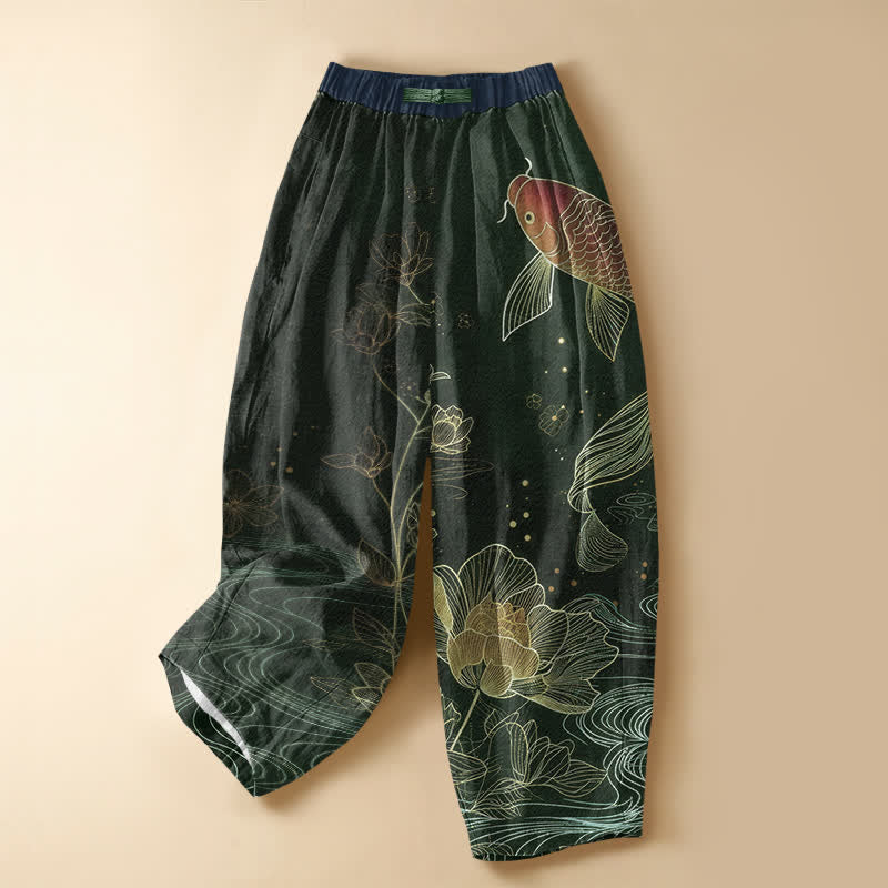 Buddha Stones Pure Cotton Vintage Red Koi Fish Lotus Pattern Frog Button Women's Elastic Waist Harem Pants With Pockets - DarkGreen - US16，UK/AU20，EU48 (3XL) - image 7