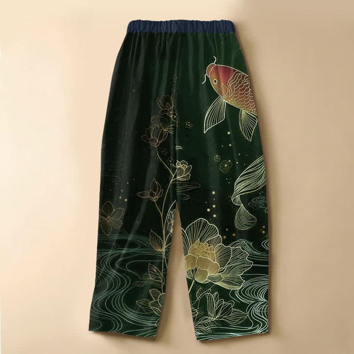 Buddha Stones Pure Cotton Vintage Red Koi Fish Lotus Pattern Frog Button Women's Elastic Waist Harem Pants With Pockets - image 8