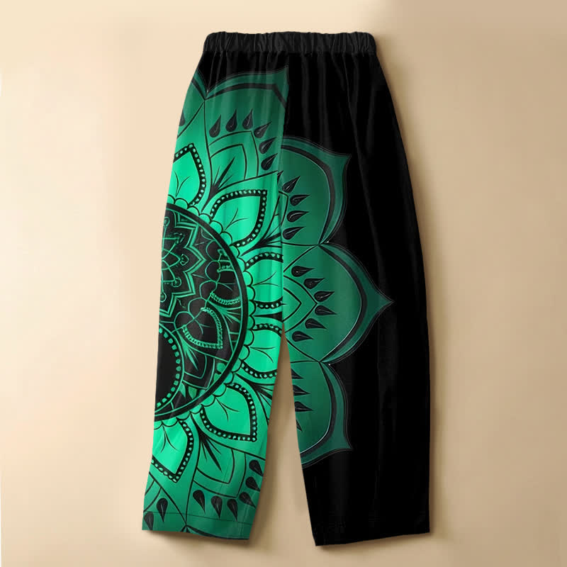 Buddha Stones Pure Cotton Bohemian Mandala Floral Pattern Frog Button Women's Elastic Waist Harem Pants With Pockets - image 1