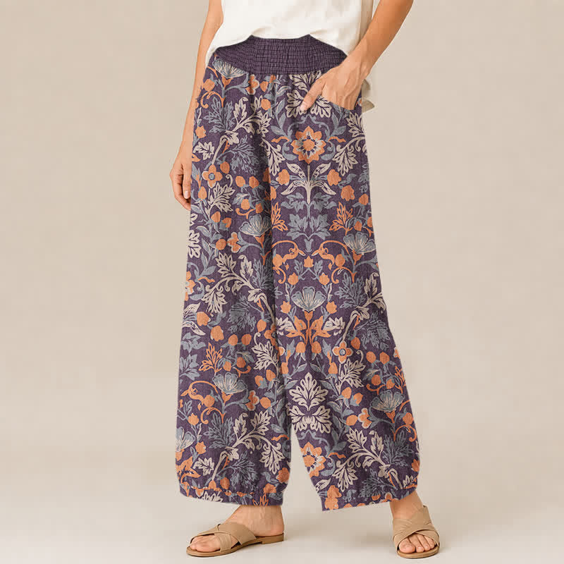 Buddha Stones Cotton Floral Vine Pattern Pleated Elastic Waist Women's Harem Pants With Pockets - image 1