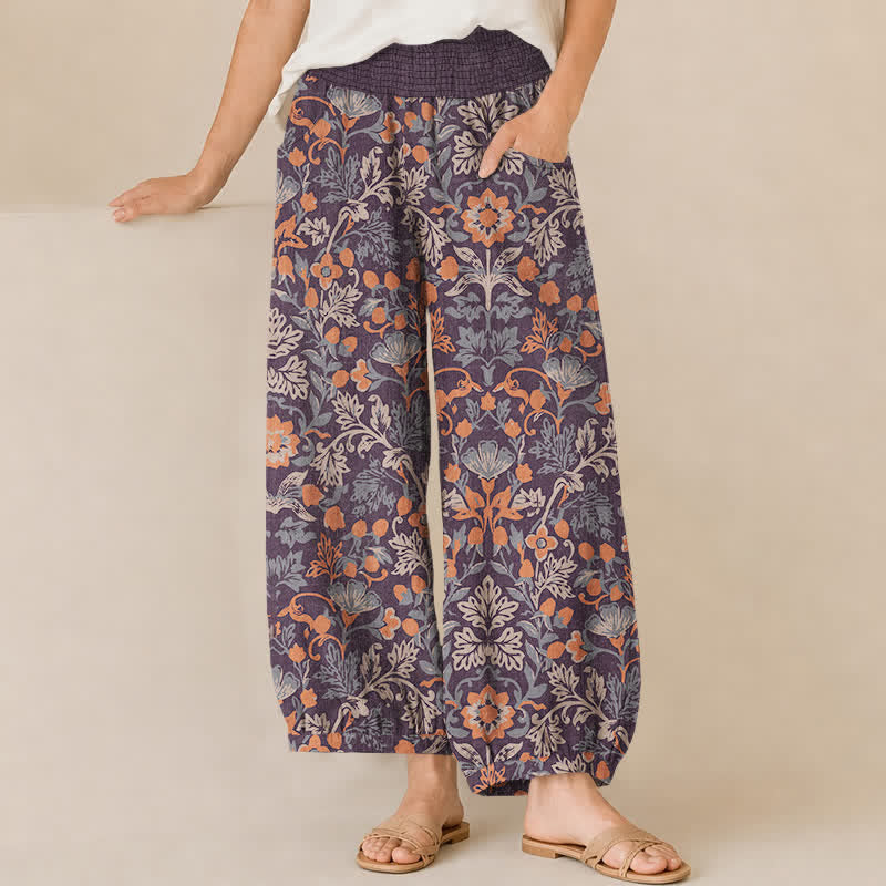 Buddha Stones Cotton Floral Vine Pattern Pleated Elastic Waist Women's Harem Pants With Pockets - SaddleBrown - US16，UK/AU20，EU48 (3XL) - image 0