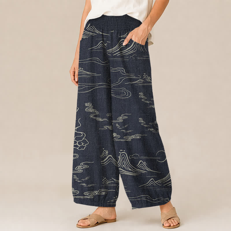 Buddha Stones Cotton Mountain Moon Auspicious Clouds Pattern Pleated Elastic Waist Women's Harem Pants With Pockets - image 1