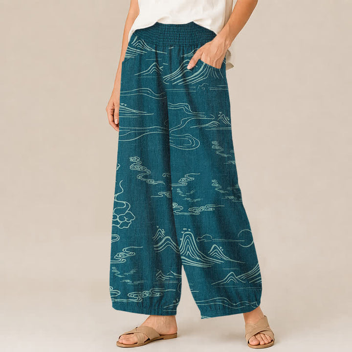 Buddha Stones Cotton Mountain Moon Auspicious Clouds Pattern Pleated Elastic Waist Women's Harem Pants With Pockets - image 11