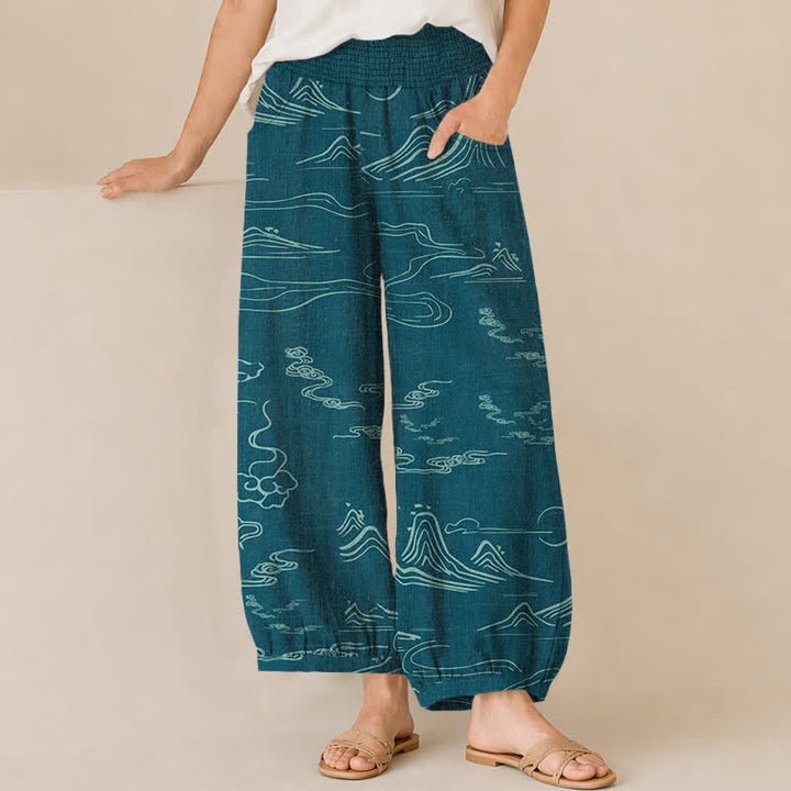 Buddha Stones Cotton Mountain Moon Auspicious Clouds Pattern Pleated Elastic Waist Women's Harem Pants With Pockets - Teal - US16，UK/AU20，EU48 (3XL) - image 10