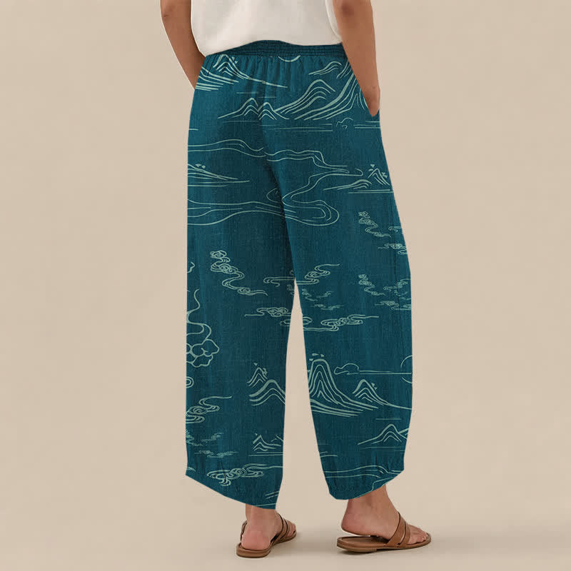 Buddha Stones Cotton Mountain Moon Auspicious Clouds Pattern Pleated Elastic Waist Women's Harem Pants With Pockets - image 12