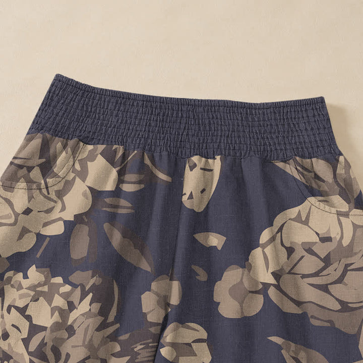 Buddha Stones Cotton Vintage Peony Flowers Leaves Pattern Pleated Elastic Waist Women's Harem Pants With Pockets - image 4