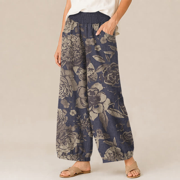 Buddha Stones Cotton Vintage Peony Flowers Leaves Pattern Pleated Elastic Waist Women's Harem Pants With Pockets - image 1