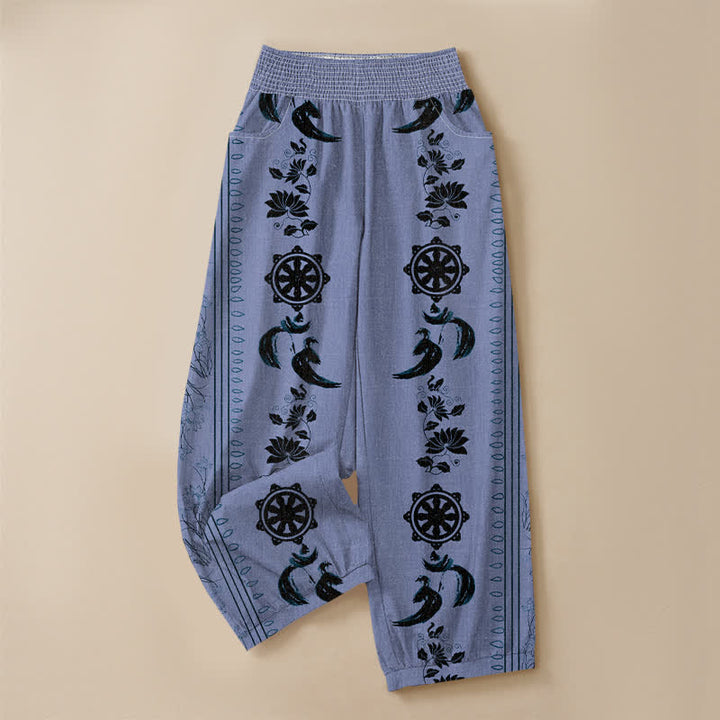Buddha Stones Cotton Dharma Wheel Lotus OM Pattern Pleated Elastic Waist Women's Harem Pants With Pockets - image 3