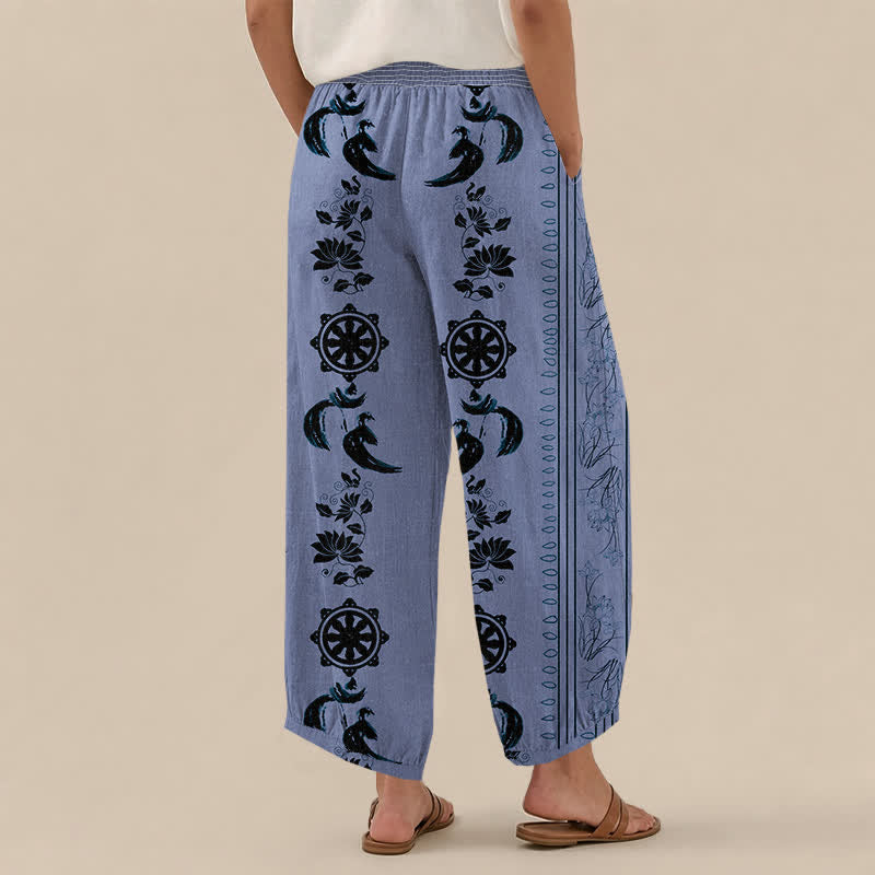 Buddha Stones Cotton Dharma Wheel Lotus OM Pattern Pleated Elastic Waist Women's Harem Pants With Pockets - image 2