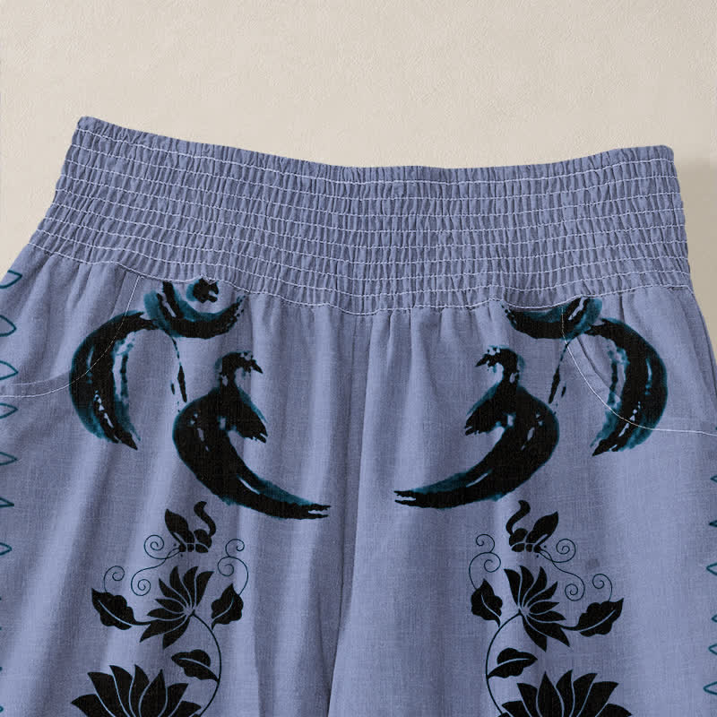 Buddha Stones Cotton Dharma Wheel Lotus OM Pattern Pleated Elastic Waist Women's Harem Pants With Pockets - image 4