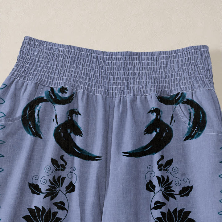 Buddha Stones Cotton Dharma Wheel Lotus OM Pattern Pleated Elastic Waist Women's Harem Pants With Pockets - image 4
