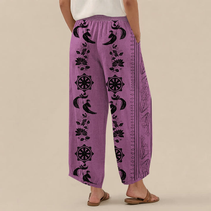 Buddha Stones Cotton Dharma Wheel Lotus OM Pattern Pleated Elastic Waist Women's Harem Pants With Pockets - image 8