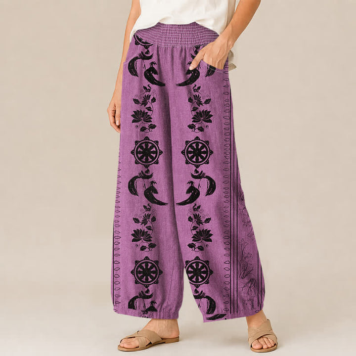 Buddha Stones Cotton Dharma Wheel Lotus OM Pattern Pleated Elastic Waist Women's Harem Pants With Pockets - image 7