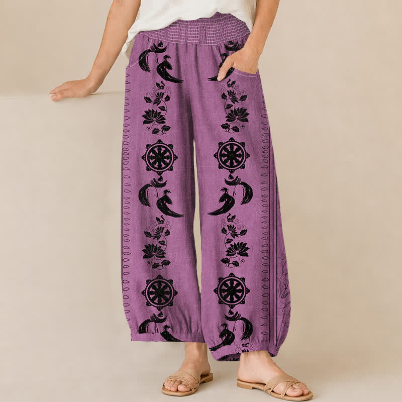 Buddha Stones Cotton Dharma Wheel Lotus OM Pattern Pleated Elastic Waist Women's Harem Pants With Pockets - MediumOrchid - US16，UK/AU20，EU48 (3XL) - image 6