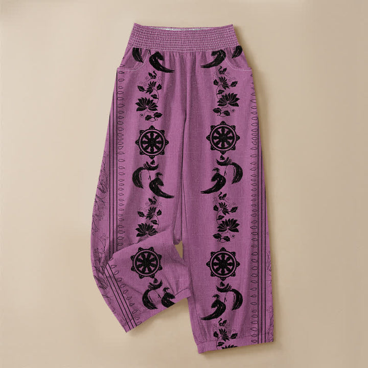 Buddha Stones Cotton Dharma Wheel Lotus OM Pattern Pleated Elastic Waist Women's Harem Pants With Pockets - image 9