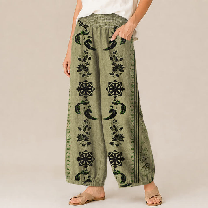 Buddha Stones Cotton Dharma Wheel Lotus OM Pattern Pleated Elastic Waist Women's Harem Pants With Pockets - image 11