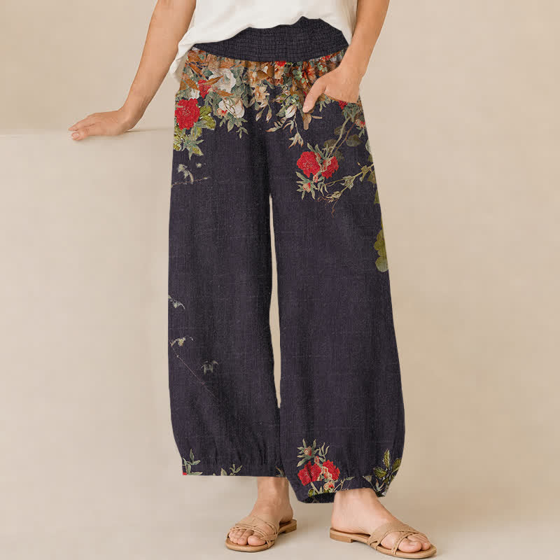 Buddha Stones Cotton Bohemian Red Floral Pattern Pleated Elastic Waist Women's Harem Pants With Pockets - Black - US16，UK/AU20，EU48 (3XL) - image 0