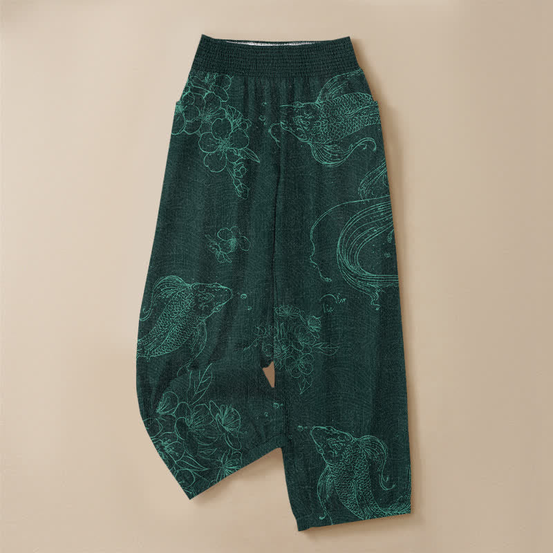 Buddha Stones Cotton Vintage Koi Fish Floral Pattern Pleated Elastic Waist Women's Harem Pants With Pockets - image 9